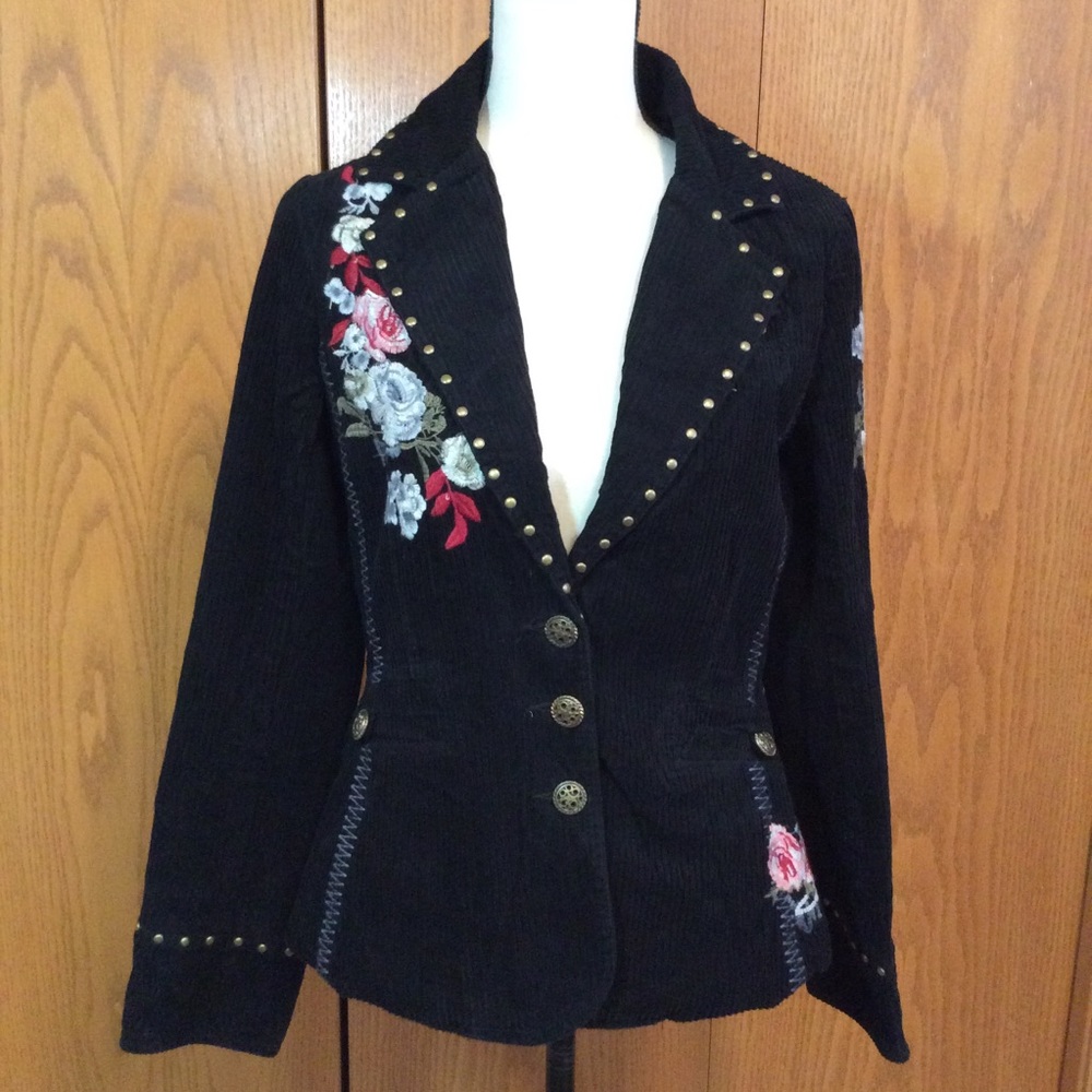 NWT Calix Black Embroidered Corduroy Jacket Sz-L